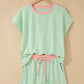 Yellow Cream Soft Ribbed Color Block Trim Casual Short Set