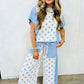 Sky Blue Color Block Patchwork Polka Dot Wide Leg Pant Set