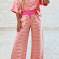 Yellow Stripe Colorblock Trim Crew Neck Loose Tee Drawstring Elastic Waist 2pcs Pant Set