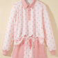 Pink Polka Dot Drop Shoulder Polo Loose Pullover Patch Pocket Casual Shorts Set