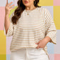 Apricot Stripe Plus Size Textured Patchwork Detail Half Sleeve Top
