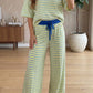 Yellow Stripe Colorblock Trim Crew Neck Loose Tee Drawstring Elastic Waist 2pcs Pant Set