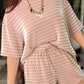 Sky Blue Stripe Raised Rib Loose Tee Drawstring Elastic Waist 2pcs Short Set