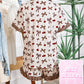 White Chic Bow Cherry Printed Leopard Contrast Patchwork Shirt Drawstring Shorts 2pcs PJ Set