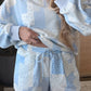 Sky Blue Patchwork Floral Print Drop Shoulder Baggy Pullover Drawstring Shorts Set