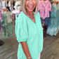 Mint Green Solid Color V Neck Short Puff Sleeve Blouse