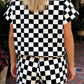 Pink Checkered Print Color Block Trim Mock Neck Short Set