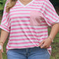 Pink Stripe Colorblock Patched Pocket V Neck Plus Size Tee