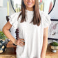 Rose Red Solid Color Textured Ruffle Trim Short Sleeve Blouse