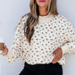 Beige Ribbed High Neck Patchwork Floral Print Baggy Pullover Sweatshirt