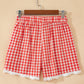Red Gingham Plaid Tie Elastic Waist Lace Patchwork Hem Casual Shorts