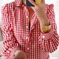 Red Plaid Long Sleeve Button Down Frill Detail Casual Shirt