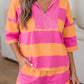 Pink Half Zipper Placket Bracelet Sleeve Top Casual Shorts Set