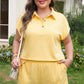 Mist Blue Solid Color Polo Tee Elastic Waist Shorts Plus Size Outfit