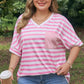 Pink Stripe Colorblock Patched Pocket V Neck Plus Size Tee