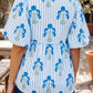 Sky Blue Floral Print Tie Neck Puff Sleeve Blouse