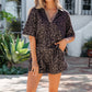 Khaki V Neck Collar Leopard Printed 2pcs Short Set