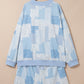 Sky Blue Patchwork Floral Print Stand Neck Long Sleeve Two-piece Outfit Plus Size Set