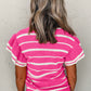 Rose Stripe Double Ruffle Short Sleeve Lightweight Knit Sweater