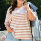 Pink Stripe Waffle Knit Pocketed Half Sleeve Plus Size T Shirt