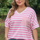 Pink Stripe Colorblock Patched Pocket V Neck Plus Size Tee