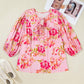 Pink Plus Size Floral Print V Neck Tie Front Short Sleeve Tunic Top