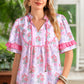 Purple Coquette Floral Bow Printed Contrast Ruffled Short Sleeve Blouse