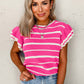 Rose Stripe Double Ruffle Short Sleeve Lightweight Knit Sweater