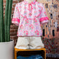 Purple Coquette Floral Bow Printed Contrast Ruffled Short Sleeve Blouse