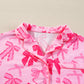 Pink Bow Knot Print Lapel Collar Short Sleeve and Pants Pajamas Set