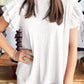 Rose Red Solid Color Textured Ruffle Trim Short Sleeve Blouse