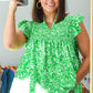 Green Floral Flutter Sleeve Shirred Notched Neck Plus Size Blouse