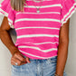 Rose Stripe Double Ruffle Short Sleeve Lightweight Knit Sweater