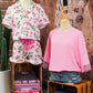 Pink Striped Strawberry Print Lapel Shirt Drawstring Shorts 2pcs Pajama Set