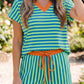Yellow Stripe Colorblock Trim V Neck Tee Drawstring Elastic Waist Short Set
