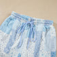 Sky Blue Patchwork Floral Print Drop Shoulder Baggy Pullover Drawstring Shorts Set