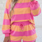 Pink Stripe Long Sleeve Casual Top Drawstring Shorts 2pcs Set