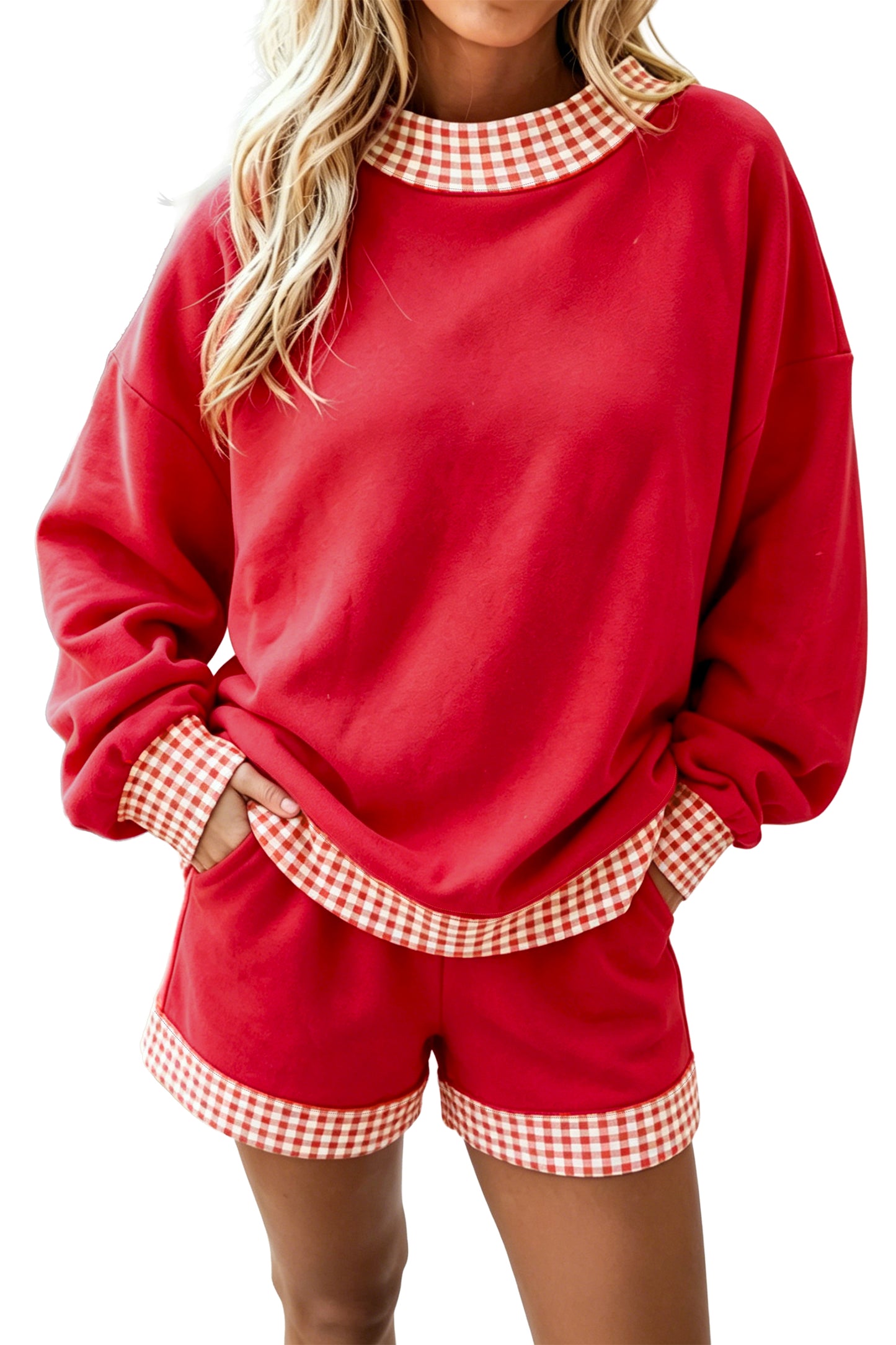 Carrot Gingham Trim Baggy Pullover 2pcs Short Set