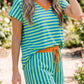 Yellow Stripe Colorblock Trim V Neck Tee Drawstring Elastic Waist Short Set