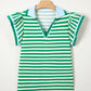 Rose Stripe Contrast Trim Polo Collar Ruffled Short Sleeve Blouse
