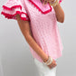 Pink Eyelet Embroidered Flower Texture Contrast Lace Trim Flutter Sleeve Blouse
