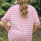 Pink Stripe Colorblock Patched Pocket V Neck Plus Size Tee