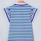 Rose Stripe Contrast Trim Polo Collar Ruffled Short Sleeve Blouse