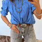 Blue Stripe Ruffled Short Puff Sleeve Button Front Blouse