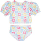 Coastal Stamps in Pastel Puff Sleeve Tankini- FINAL SALE