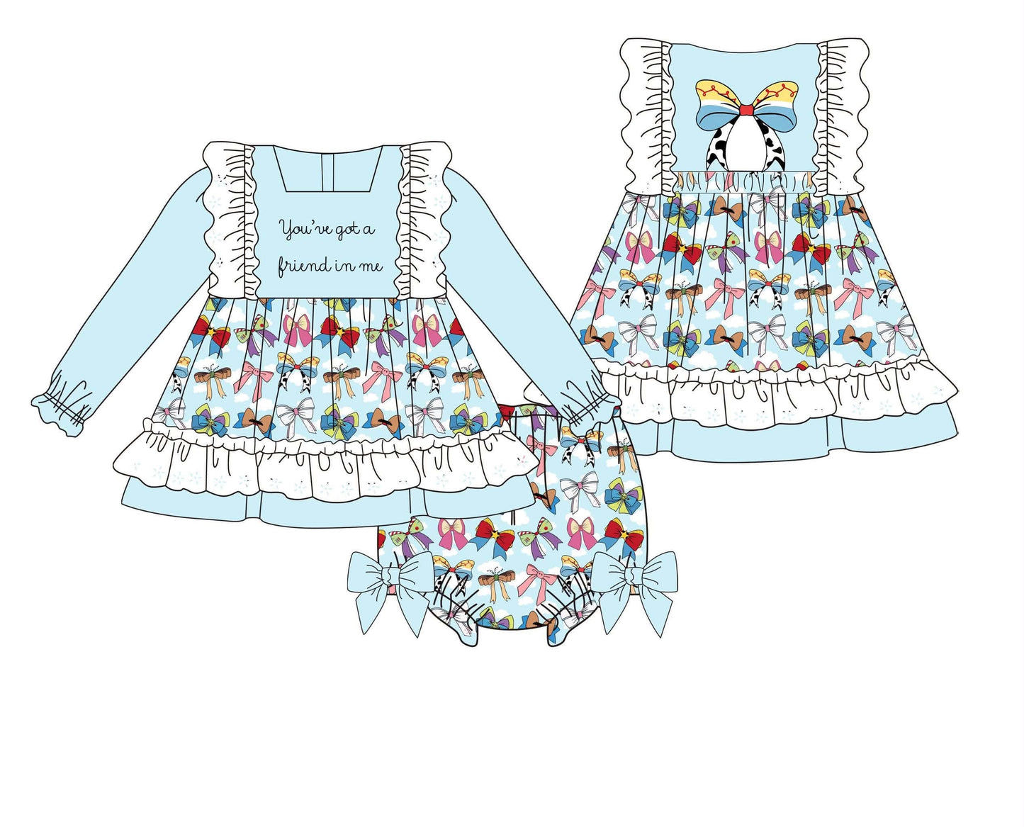 OUTFIT FOR GIRLS WITH COLORFUL BOWS AND BLUE BACKGROUND