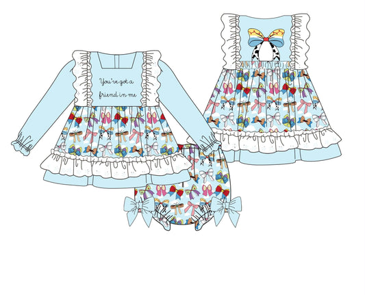 OUTFIT FOR GIRLS WITH COLORFUL BOWS AND BLUE BACKGROUND