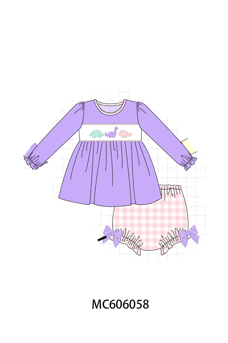 PO95 Purple&mustard dinosaur applique gingham collection