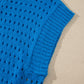 Sky Blue Solid Color Hollowed Knit Short Sleeve Zipper Collar Knitwear Top