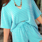 Sky Blue Stripe Raised Rib Loose Tee Drawstring Elastic Waist 2pcs Short Set